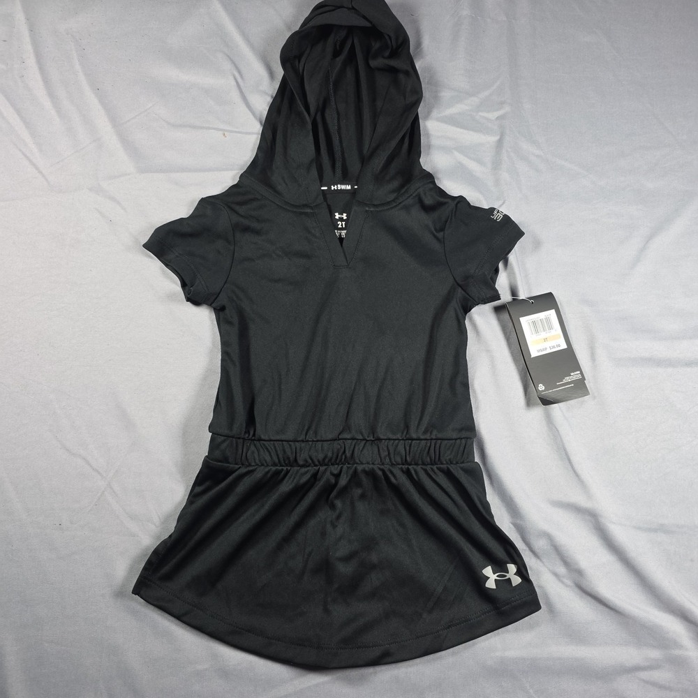 Under Armour Girl's UA Black Hooded Swimsuit One Piece Skirt Cover Up size 2 NWT